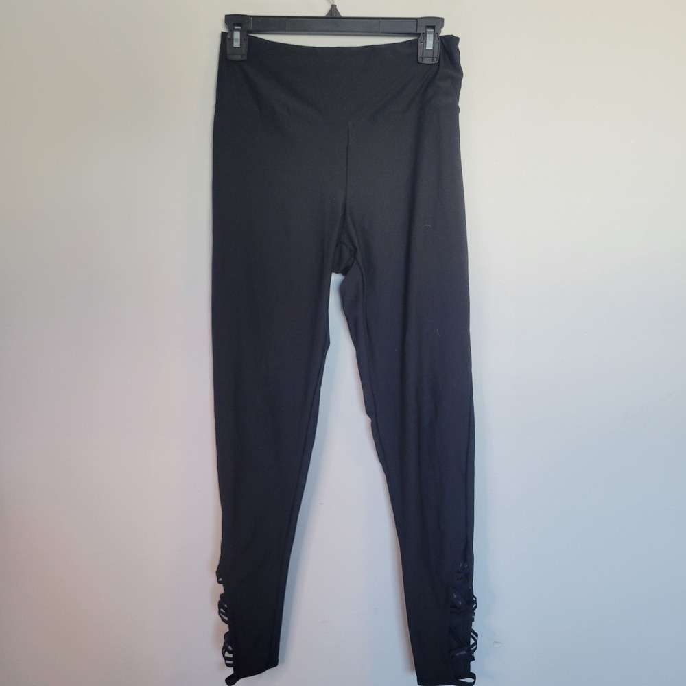 Marika Women Black Lattice Strappy Ankle High Waist Activewear Leggings Size M